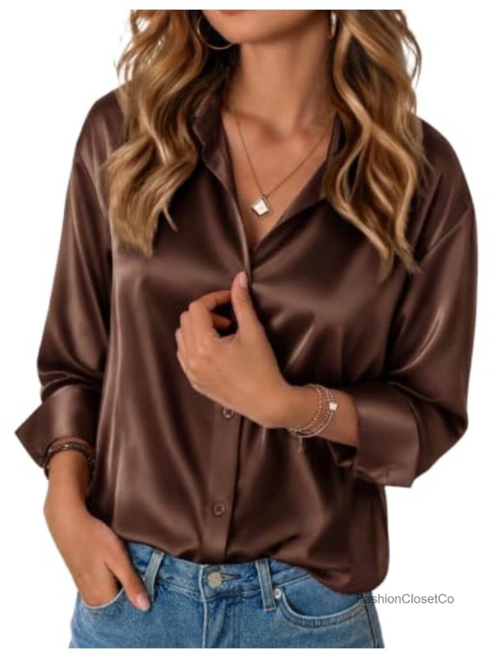 Womens Satin Button Down Shirt V Neck Long Sleeve Silk Blouse Dressy Work Tunic